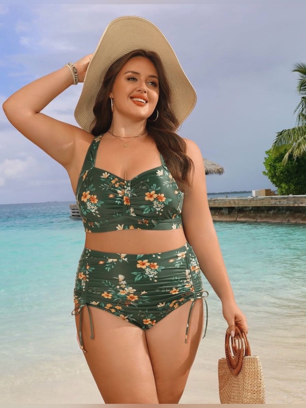 Davi Plus Size Green Floral High-Waist Bikini Set